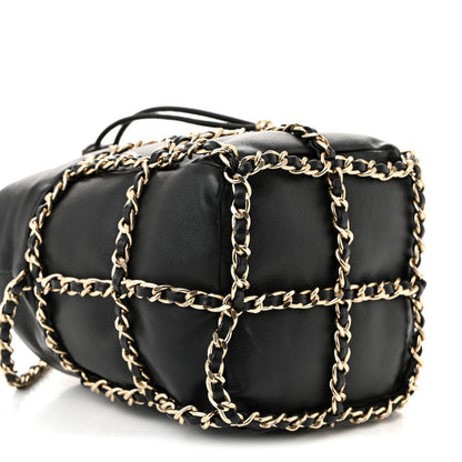 Lambskin Bucket Chain Drawstring Bag Black