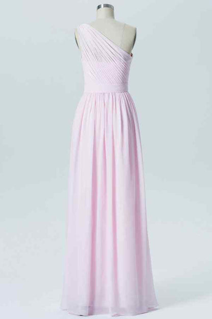 Pink A-line Illusion One Shoulder Chiffon Long Bridesmaid Dress
