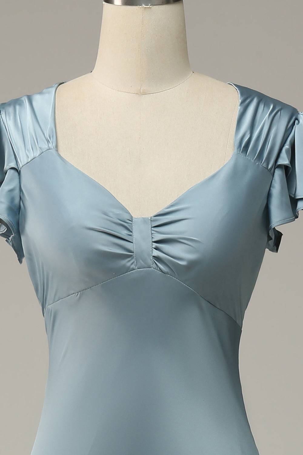 Misty Mermaid V Neck Satin Ruffle Sleeves Long Bridesmaid Dress