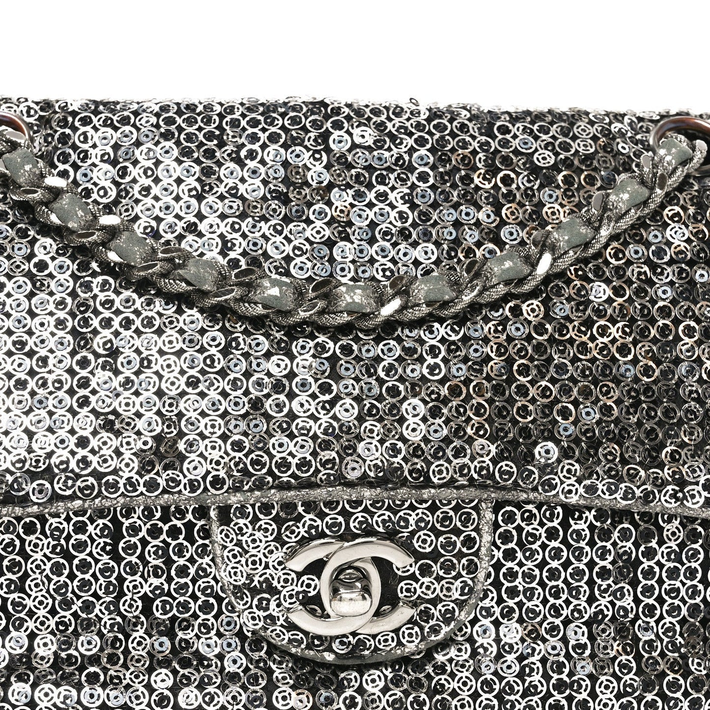 Sequin Medium Single Flap Dark Silver