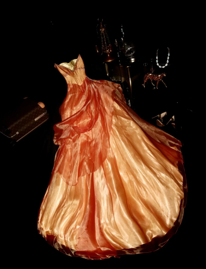 Elegant Orange Strapless Tulle Satin Beaded Mermaid Long Party Dress Formal Wedding Guest Dress SP1416