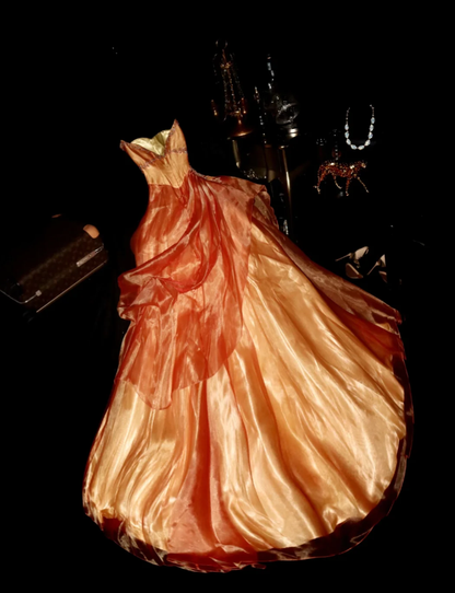 Elegant Orange Strapless Tulle Satin Beaded Mermaid Long Party Dress Formal Wedding Guest Dress SP1416
