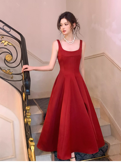 Fashion Spaghetti Strap Red Satin A Line Long Evening Dress Formal Birthday Prom Dresses SP1653
