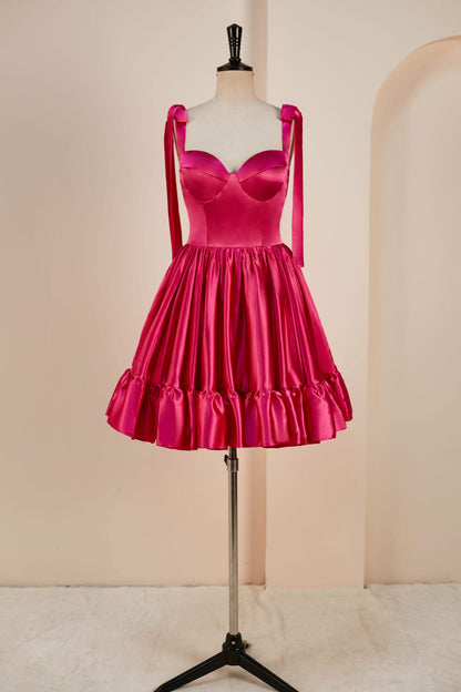 Rose Pink A-line Bow Tie Straps Ruffled Satin Homecoming Dress