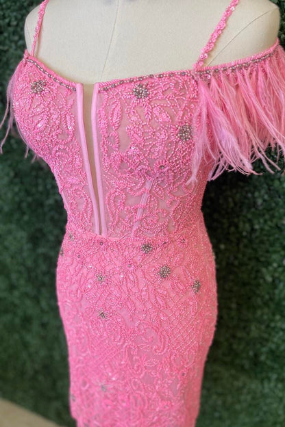 Red Off-the-Shoulder Sequined Embroidery Sheath Homecoming Dress with Feathers