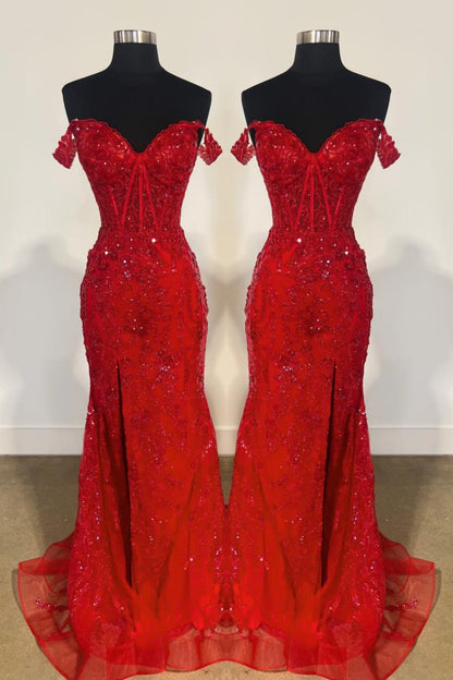 Gold Off-Shoulder Sequined Floral Mermaid Long Prom Dress with Slit