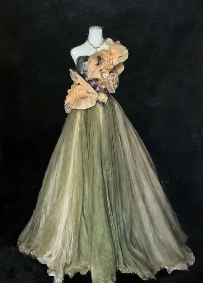 Vintage Olive Green One Tulle Appliques Long Birthday Prom Dress party Gown SP1596