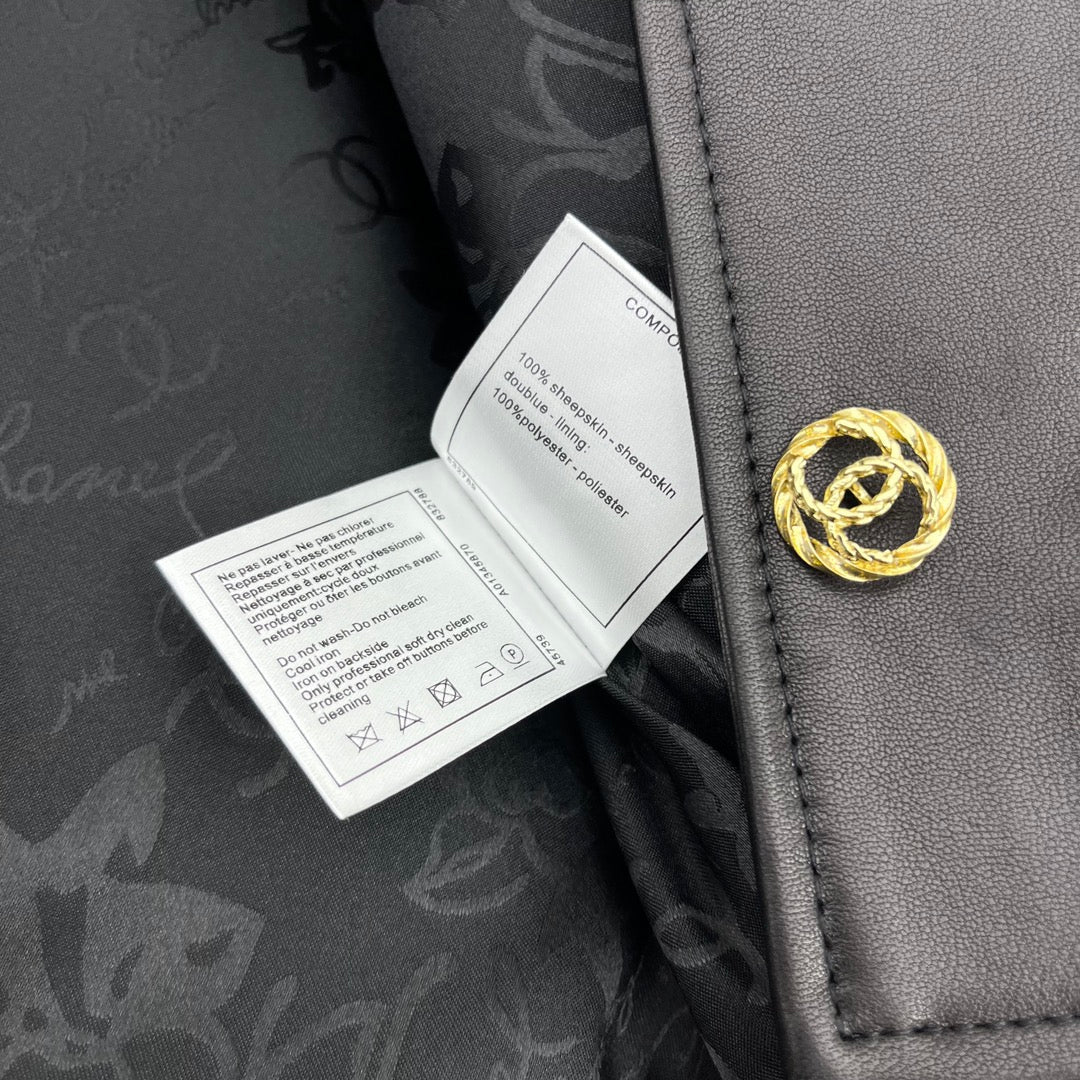 CC Round Crew Neck Leather Chain Jacket Black Lambskin