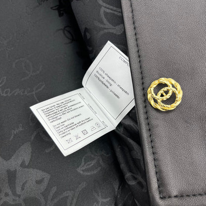 CC Round Crew Neck Leather Chain Jacket Black Lambskin