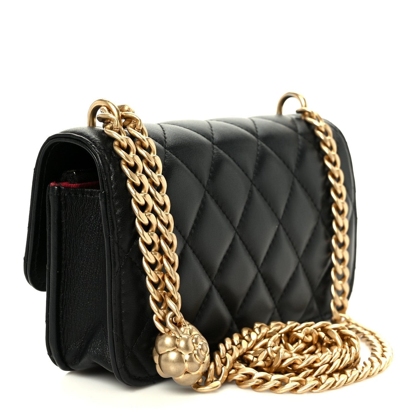 Lambskin Quilted Sweet Camellia Flap Phone Holder With Chain Black