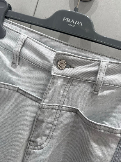 Prada 25 Vertical Striped Denim Pants White Cotton Polyester 215076