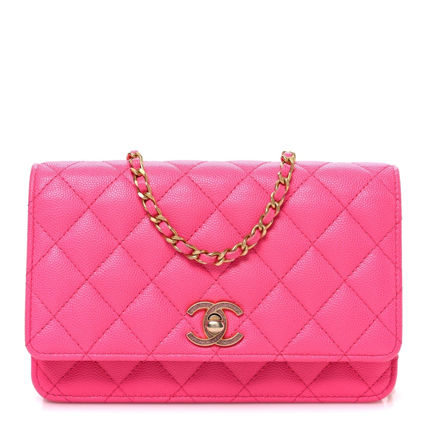 Caviar Quilted Glitter CC Roller Skate Wallet on Chain WOC Pink