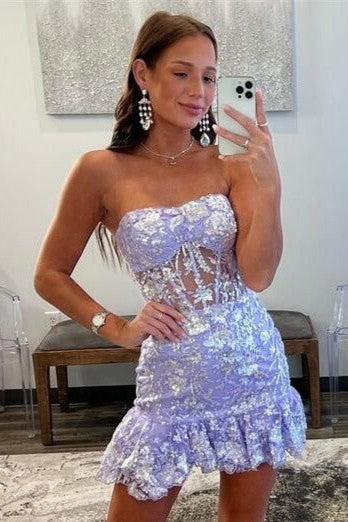 Strapless Sparkly Lace Homecoming Dress with Sheer Corset Bodice