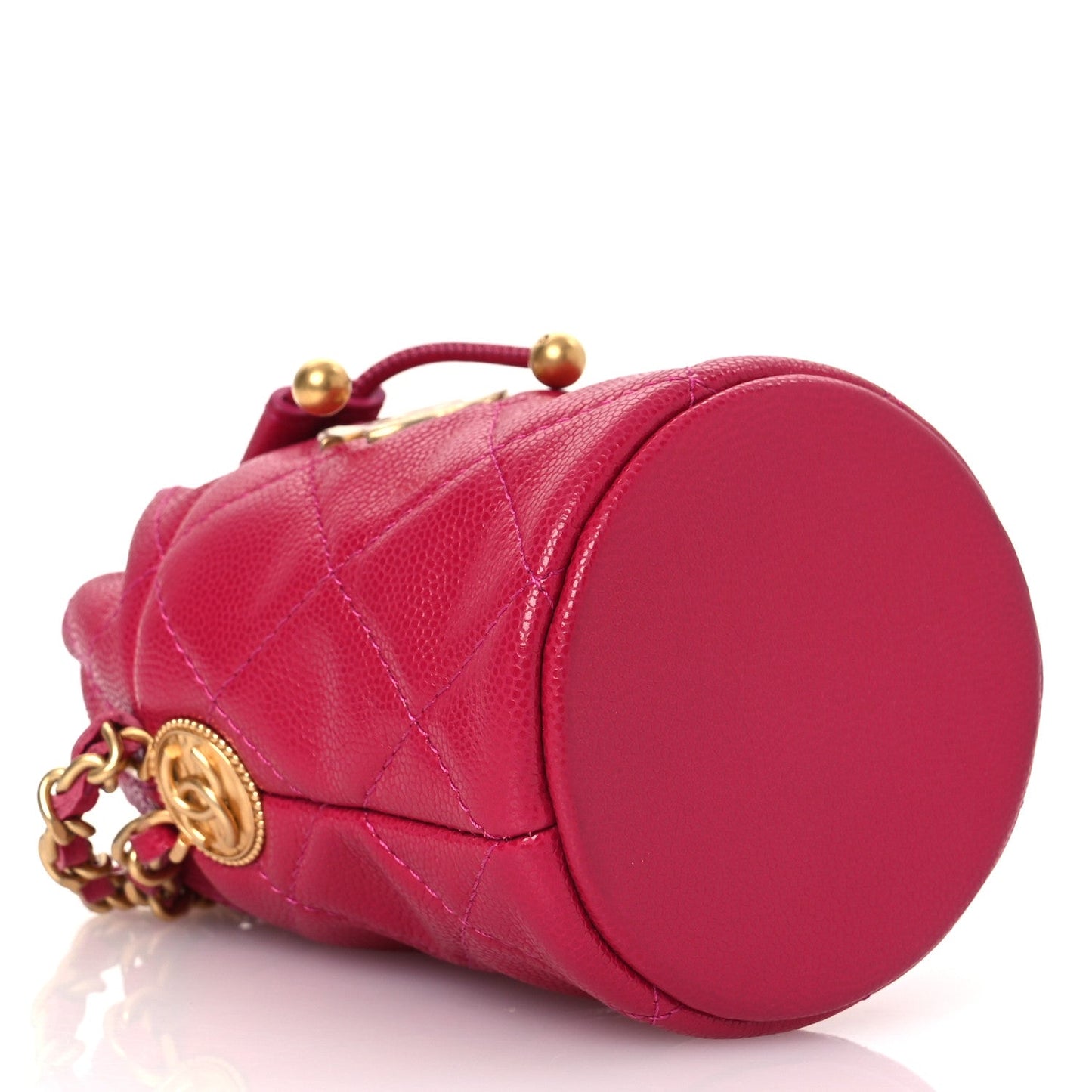Caviar Quilted Twist Your Buttons Mini Bucket Bag Fuchsia