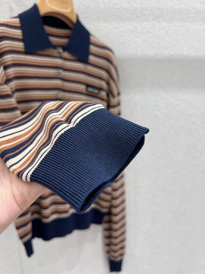 Miumiu 2026 Striped Long-sleeve Knit Polo Shirt Beige Brown Multicolour Wool 349007