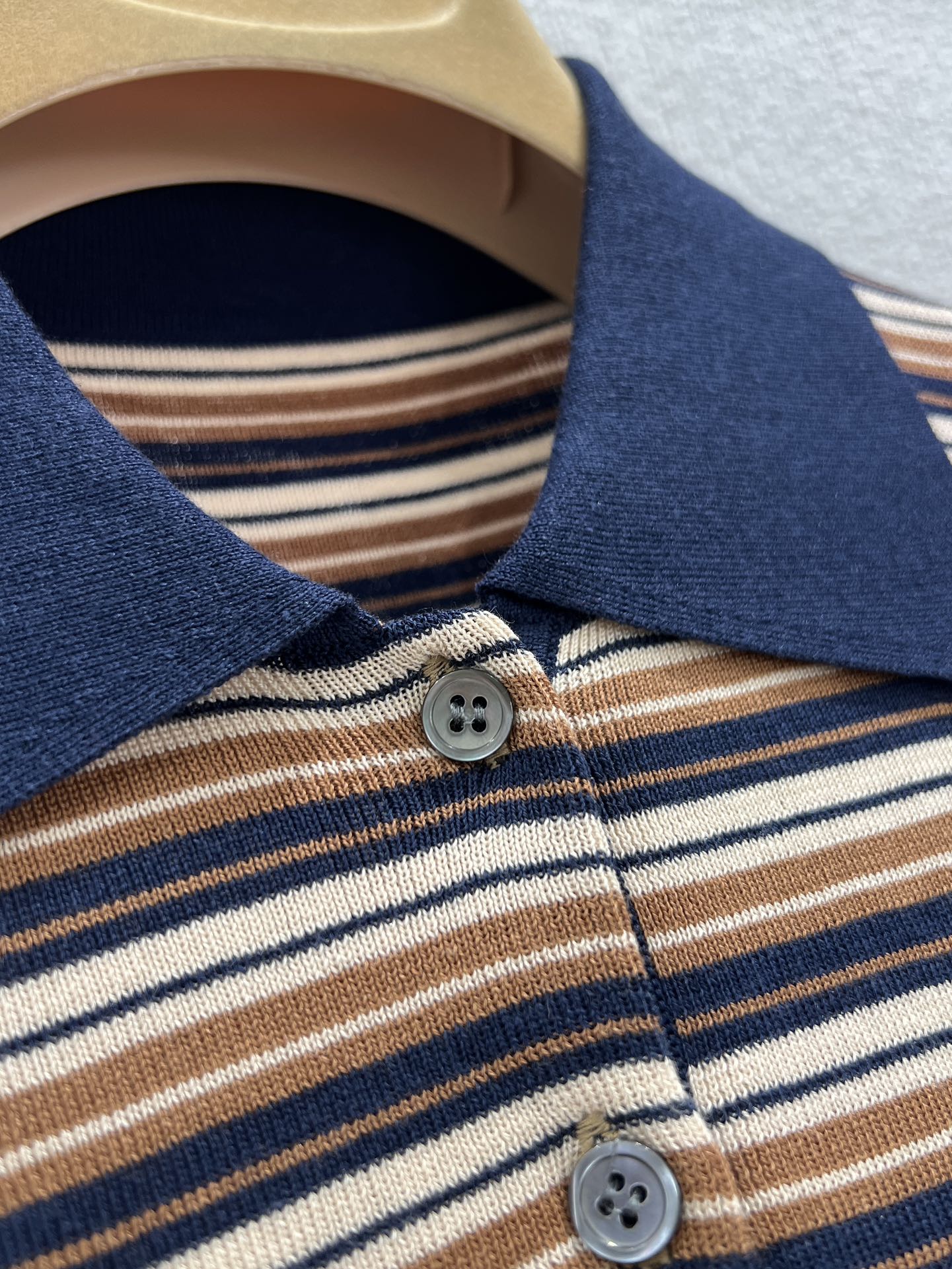 Miumiu 2026 Striped Long-sleeve Knit Polo Shirt Beige Brown Multicolour Wool 349007