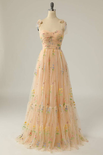 Tulle A-Line Sweetheart Straps Floral Party Prom Dress