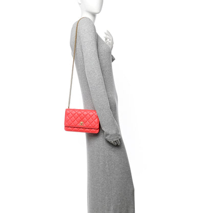 Lambskin Quilted Sweet Camellia Wallet On Chain WOC Coral