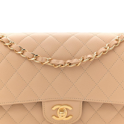 Caviar Quilted Medium Double Flap Beige