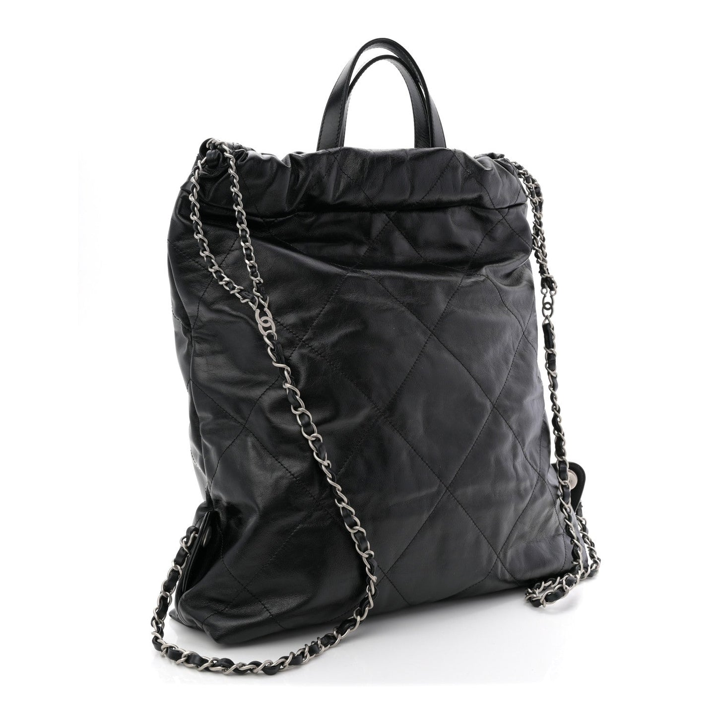 Shiny Calfskin Quilted Chanel 22 Backpack Black