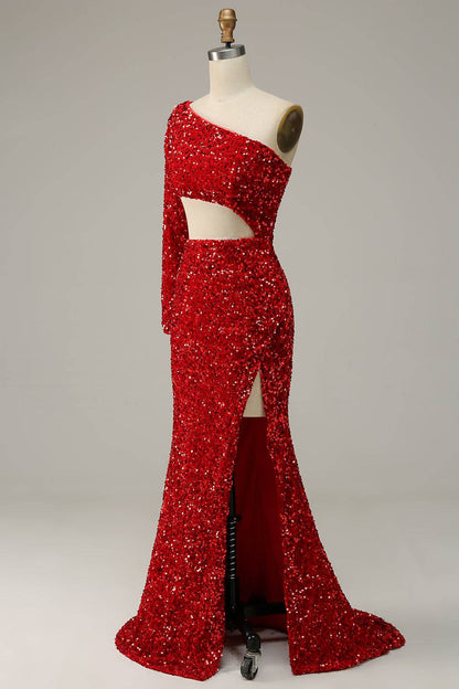 Illusion Empire One Shoulder Sequin Mermaid Prom Dress