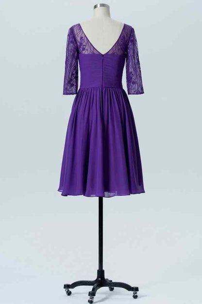 Regency A-line Illusion Neck Pleated Sleeves Chiffon Mini Bridesmaid Dress