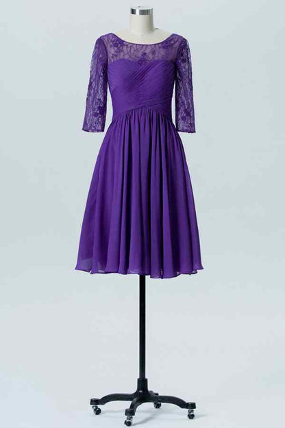 Regency A-line Illusion Neck Pleated Sleeves Chiffon Mini Bridesmaid Dress