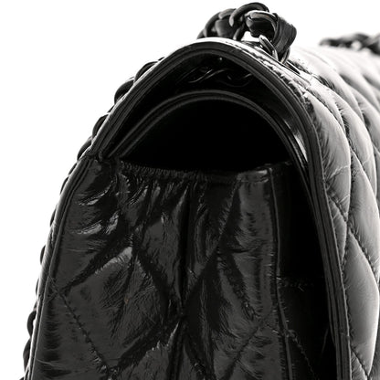 Shiny Crumpled Calfskin Quilted Jumbo Double Flap So Black