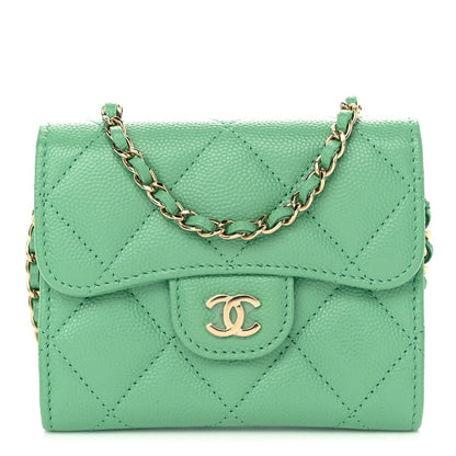 Caviar Quilted Flap Card Holder On Chain Light Green
