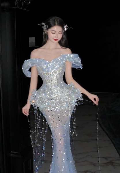 Glamorous Off The Shoulder Sky Blue Tulle Sequin Beaded Mermaid Long Party Dress Prom Dresses SP1273