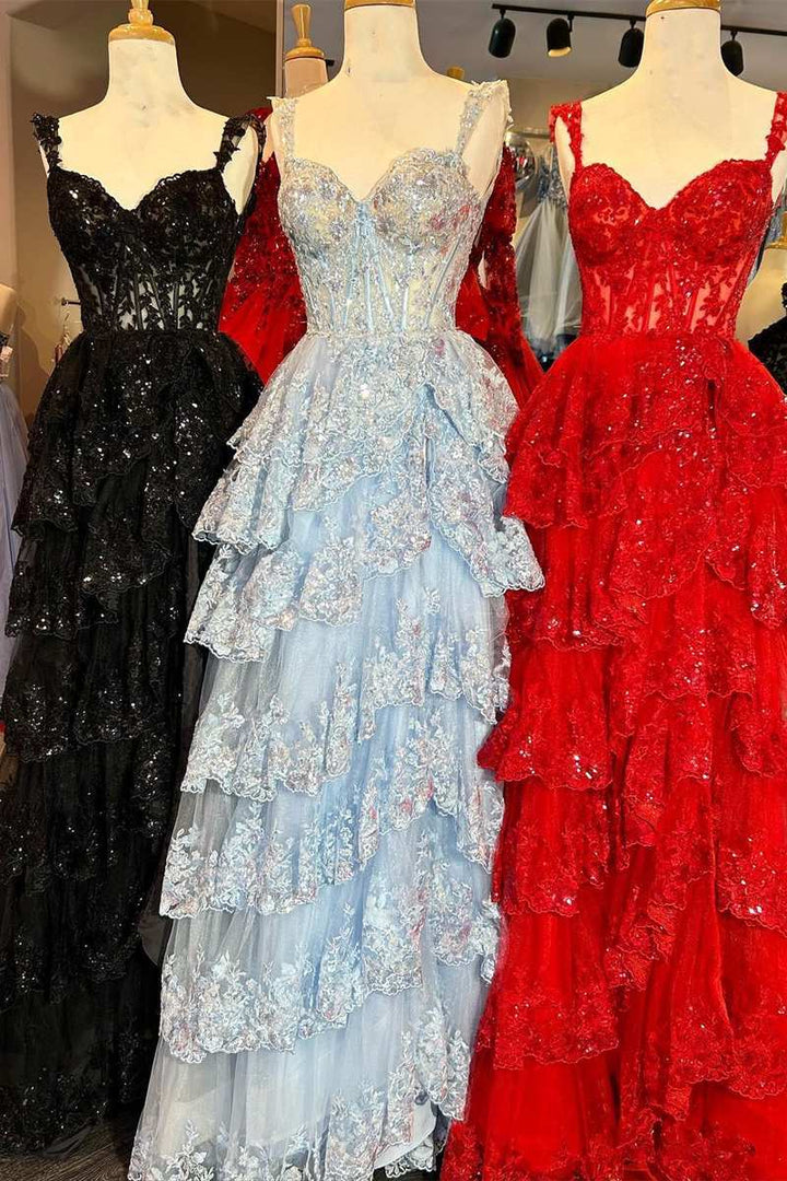 Hot Pink Off-Shoulder Sequined Layers A-line Long Prom Dress with Slit