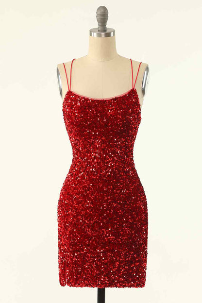 Red Sheath Double Straps Lace-Up Back Sequins Mini Homecoming Dress