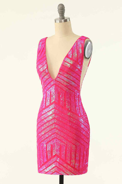 Hot Pink Sheath V Neck Sequin-Embroidered Mini Homecoming Dress