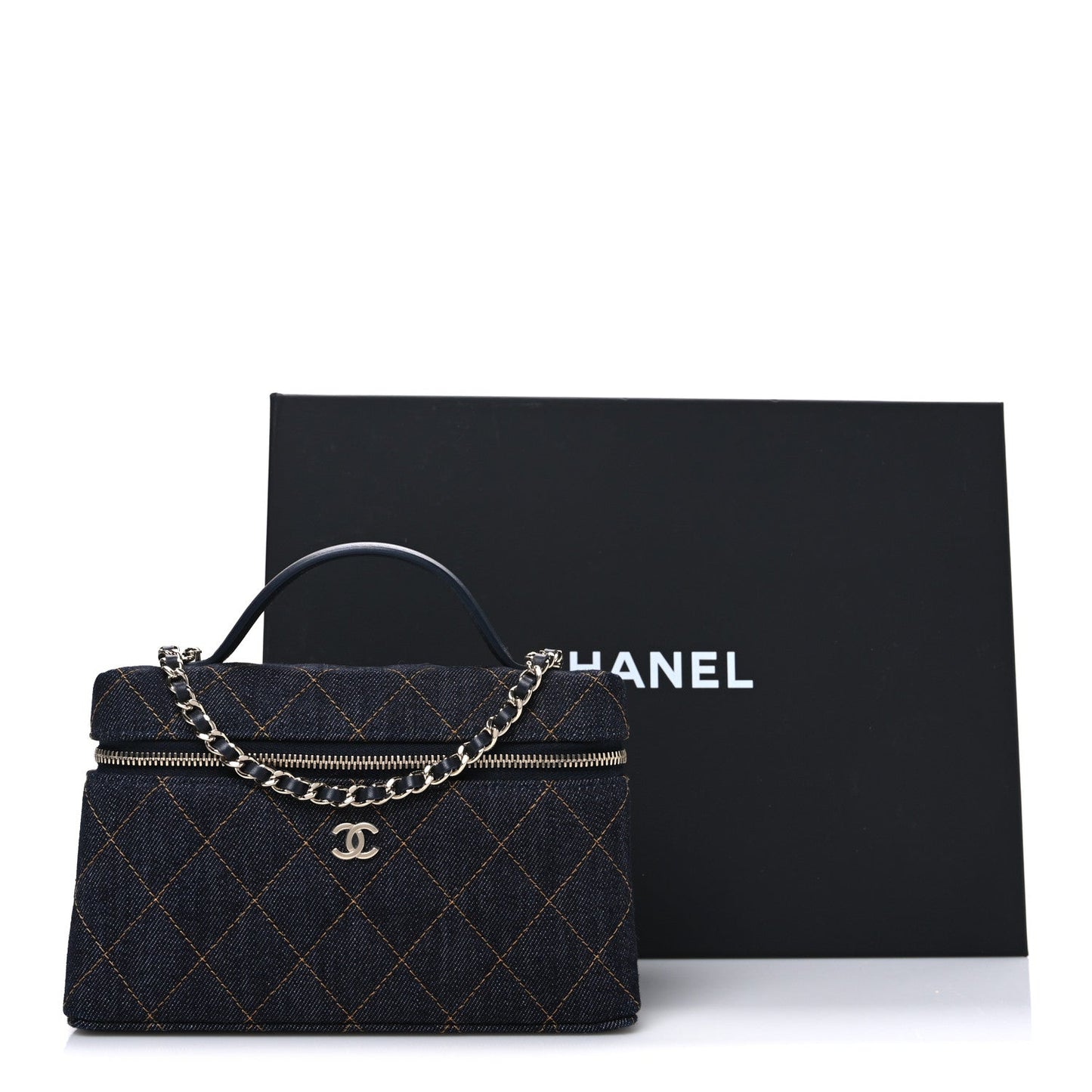 Denim Quilted Top Handle Slim Vanity Case With Chain Blue Orange