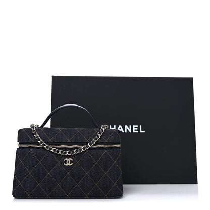 Denim Quilted Top Handle Slim Vanity Case With Chain Blue Orange
