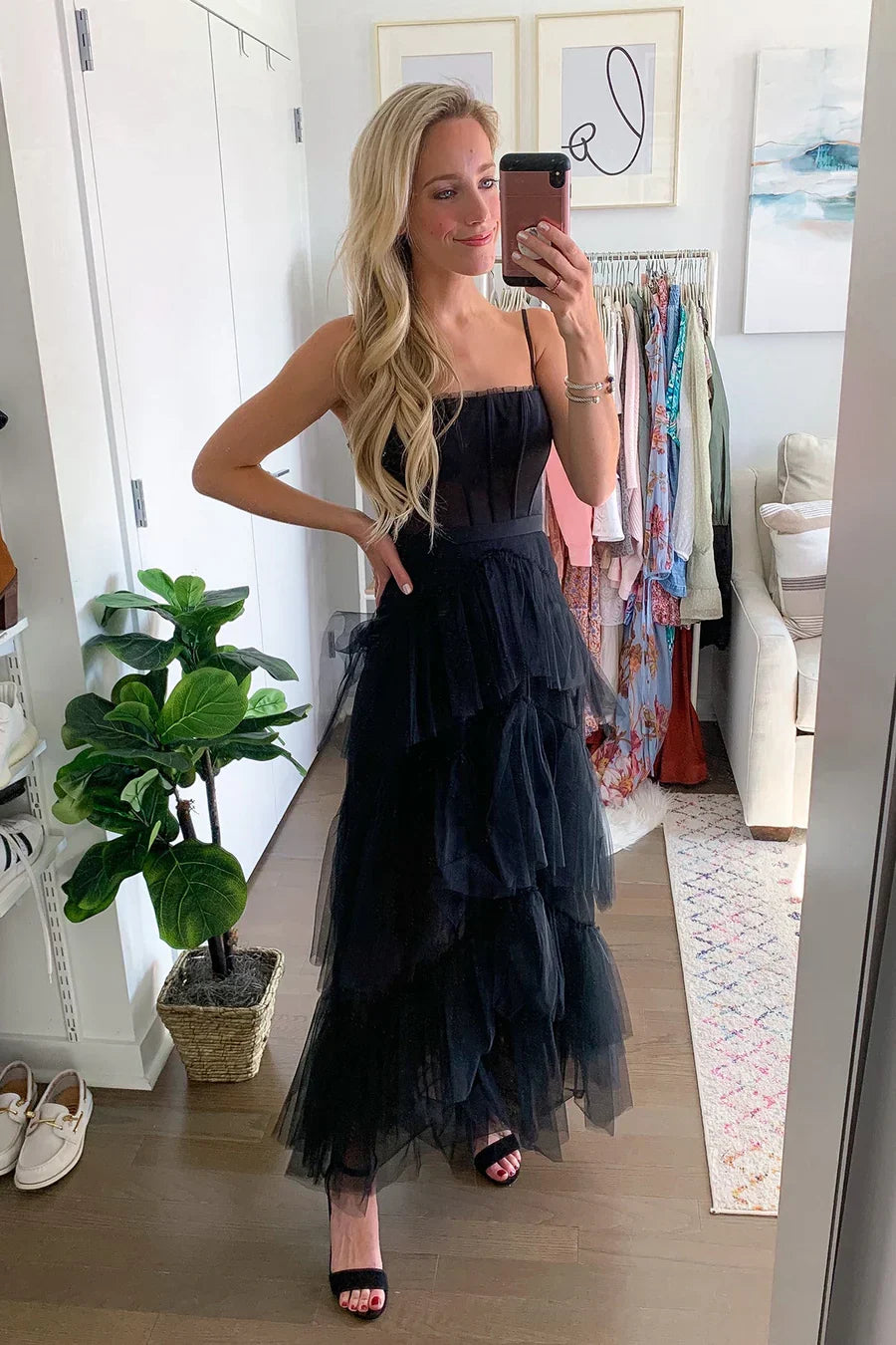 Spaghetti Straps Tulle A-Line Tiered Sheer Party Prom Dress