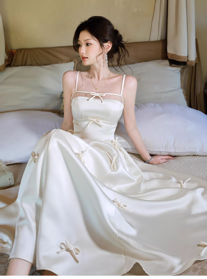 Elegant White Spaghetti Straps Satin A Line Long Evening Dress Birthday Prom Dress With Bow SP1539