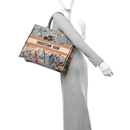 Canvas Embroidered Toile De Jouy Tropicalia Large Book Tote Denim Blue