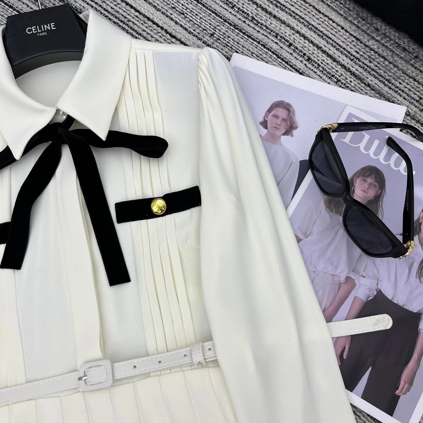 PRADA 25S LONG-SLEEVE COLLARED PLEATED DRESS 360