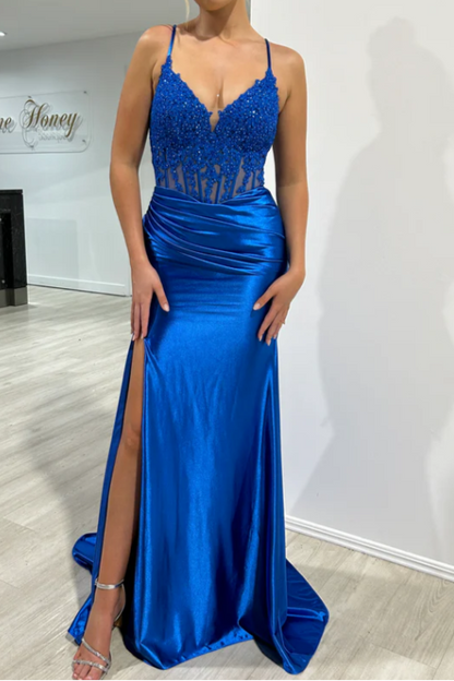 Straps Appliques Satin Mermaid Prom Dress With Slit