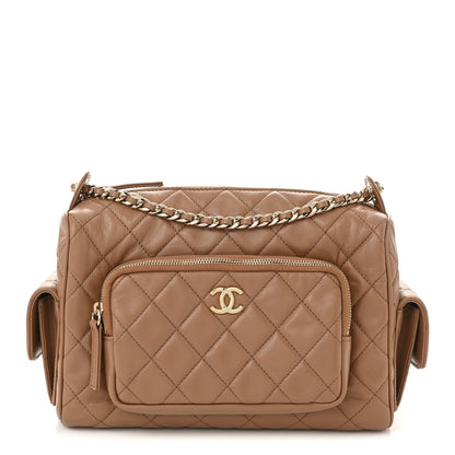 Shiny Crumpled Lambskin Quilted Medium Preppy Pocket Camera Case Brown