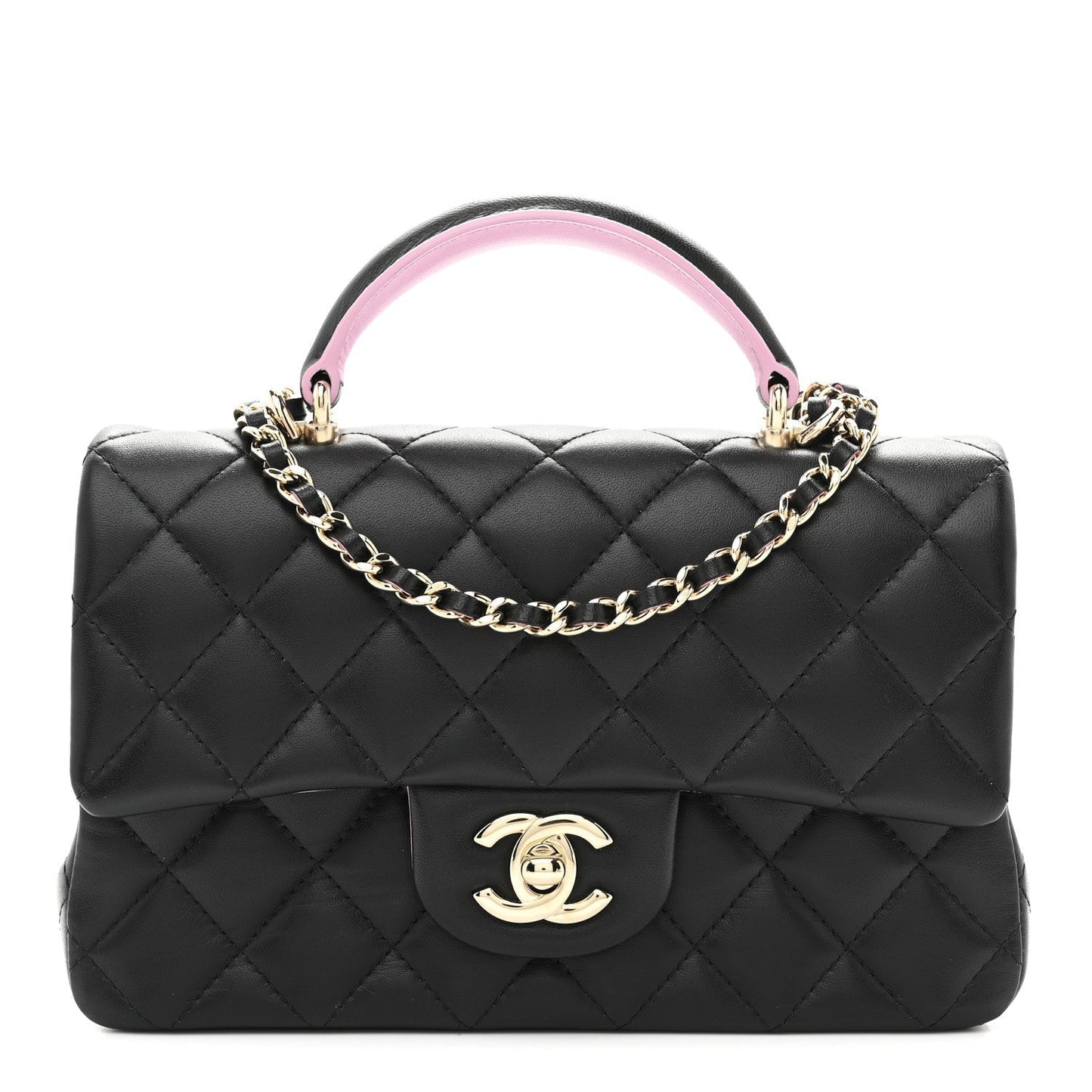 Lambskin Quilted Bi-Color Mini Top Handle Rectangular Flap Black Lilac