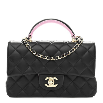Lambskin Quilted Bi-Color Mini Top Handle Rectangular Flap Black Lilac