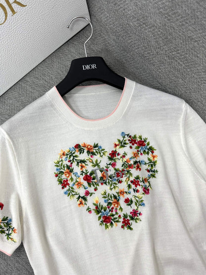 CD Dioramour Short-Sleeved Embroidered Sweater White Wool 349487
