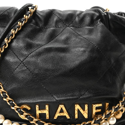 Shiny Crumpled Calfskin Quilted Pearl Mini Chanel 22 Black