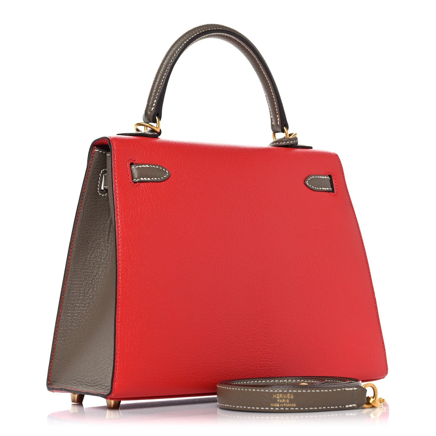Chevre Chandra Bi-Color Horseshoe Kelly Sellier 25 Rouge De Coeur Etoupe