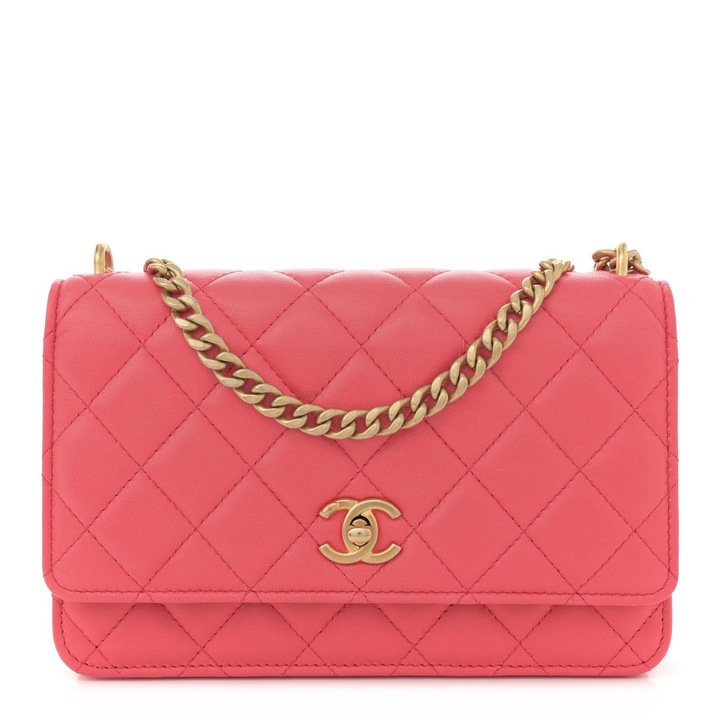 Lambskin Quilted Sweet Camellia Wallet On Chain WOC Coral