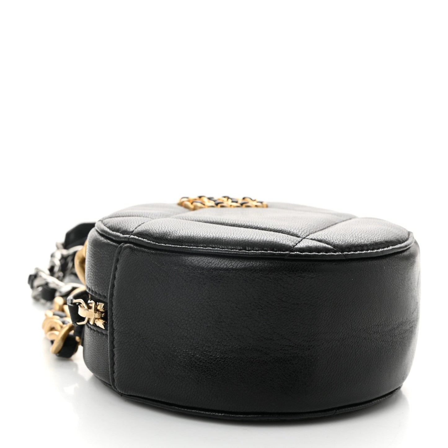 Shiny Goatskin Quilted Chanel 19 Round Clutch With Chain Black
