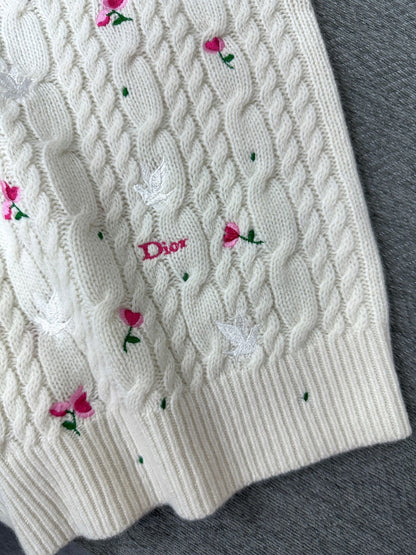 CD Short-Sleeved Sweater Small Floral Embroidery Ivory Wool 349483