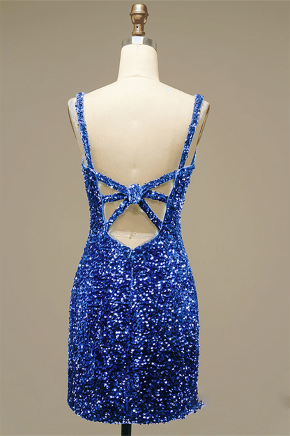 Royal Blue Sheath V Neck Straps Back Sequins Mini Homecoming Dress